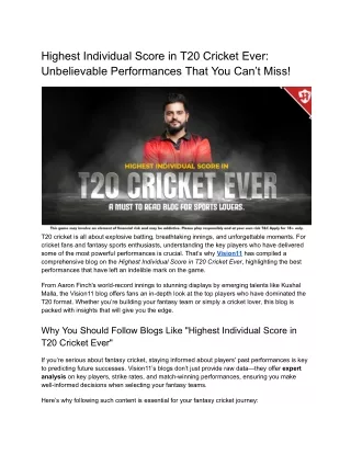 Highest Individual Score in T20 Cricket Ever_ Unbelievable Performances That You Can’t Miss