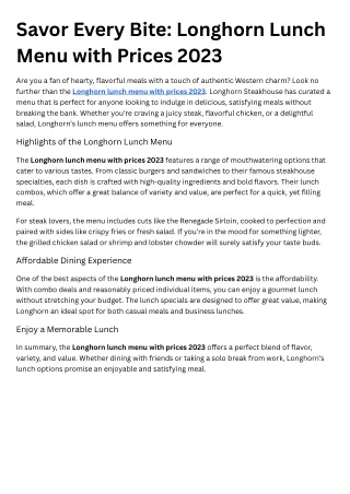 Savor Every Bite Longhorn Lunch Menu with Prices 2023
