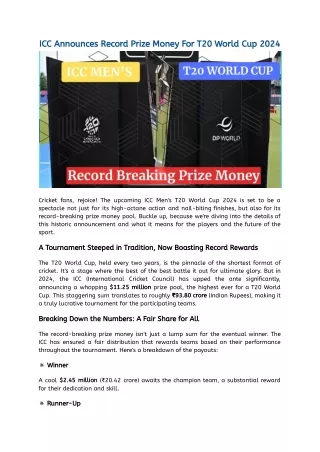 ICC Announces Record Prize Money For T20 World Cup 2024