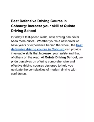 Best Defensive Driving Course in Cobourg_ Increase your skill at Quinte Driving School