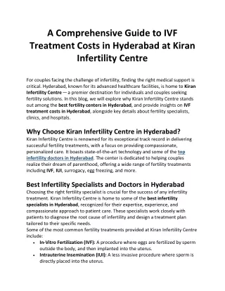A Comprehensive Guide to IVF Treatment Costs in Hyderabad at Kiran Infertility Centre