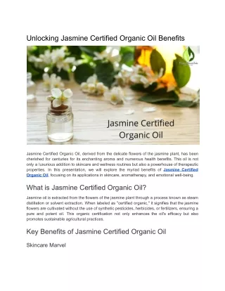 Unlocking Jasmine Certified Organic Oil Benefits