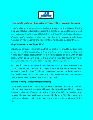 Learn More About Bobcat and Tipper Hire Hoppers Crossing