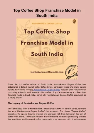 Top Coffee Shop Franchise Model in South India