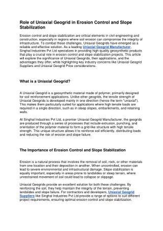 Role of Uniaxial Geogrid in Erosion Control and Slope Stabilization