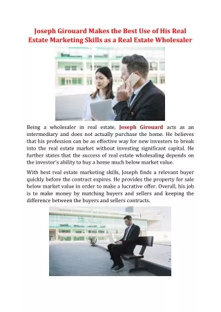 Joseph Girouard Makes the Best Use of His Real Estate Marketing Skills as a Real Estate Wholesaler