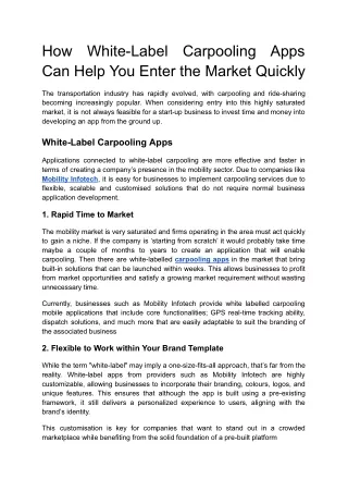 How White-Label Carpooling Apps Can Help You Enter the Market Quickly