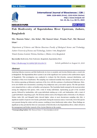 Fish Biodiversity of Kapotakshma River Upstream, Jashore, Bangladesh