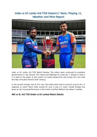 India vs Sri Lanka 3rd T20I Dream11 Team, Playing 11, Weather and Pitch Report