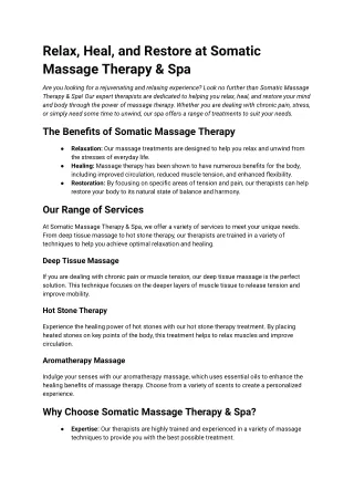 Relax, Heal, and Restore at Somatic Massage Therapy & Spa