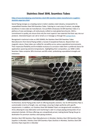 Stainless Steel 304L Seamless Pipes Stockists