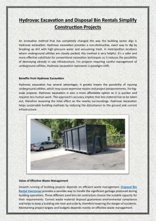 Hydrovac Excavation and Disposal Bin Rentals Simplify Construction Projects