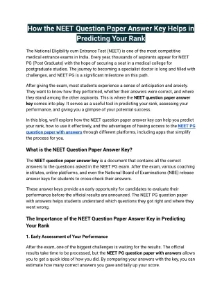 How the NEET Question Paper Answer Key Helps in Predicting Your Rank