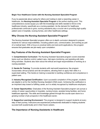 Begin Your Healthcare Career with the Nursing Assistant Specialist Program