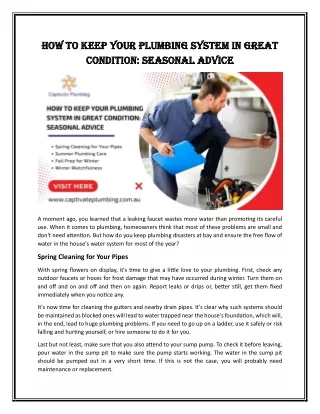 How to Keep Your Plumbing System in Great Condition: Seasonal Advice