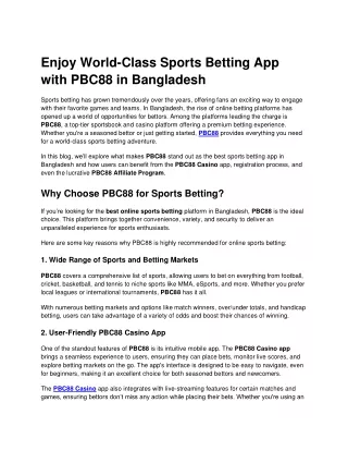 Enjoy World-Class Sports Betting with PBC88 in Bangladesh