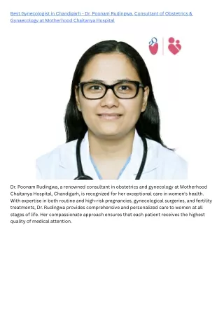 Best Gynecologist in Chandigarh - Dr. Poonam Rudingwa, Consultant of Obstetrics & Gynaecology at Motherhood Chaitanya Ho