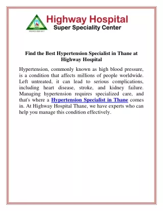 Find the Best Hypertension Specialist in Thane at Highway Hospital