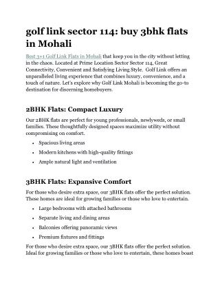 Golf link sector 114: buy 3bhk flats in Mohali