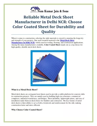 Top Metal Deck Sheet Manufacturer in Delhi NCR | Color Coated Sheet