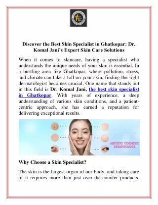 Discover the Best Skin Specialist in Ghatkopar Dr. Komal Jani’s Expert Skin Care Solutions