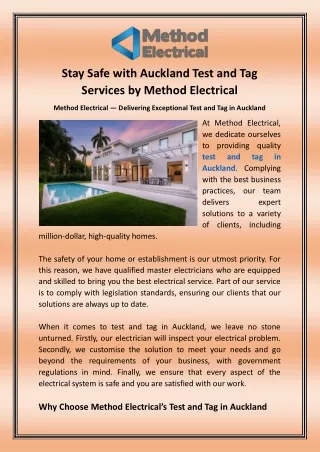 Stay Safe with Auckland Test and Tag Services by Method Electrical