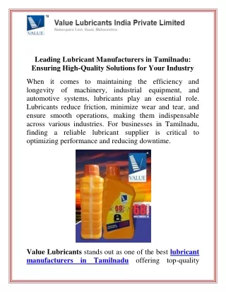 Leading Lubricant Manufacturers in Tamilnadu Ensuring High Quality Solutions for Your Industry