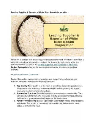 Leading Supplier & Exporter of White Rice Badani Corporation