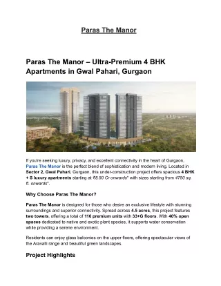 Paras The Manor in Gwal Pahari, Gurgaon | Buy 4 BHK   S Luxury Apartments