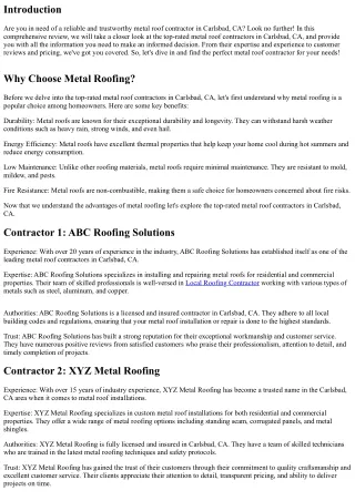 A Comprehensive Review of Top-Rated Metal Roof Contractors in Carlsbad, CA