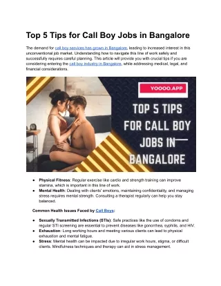 Top 5 Tips for Call Boy Jobs in Bangalore