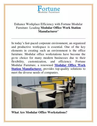 Enhance Workplace Efficiency with Fortune Modular Furniture Leading Modular Office Work Station Manufacturer