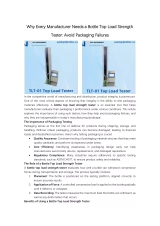 Why Every Manufacturer Needs a Bottle Top Load Strength Tester Avoid Packaging Failures