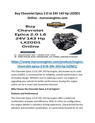Buy Chevrolet Epica 2.0 L6 24V 143 Hp LX20D1 Online - marcosengines.com
