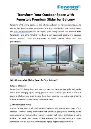 Transform Your Outdoor Space with Fenesta’s Premium Slider for Balcony