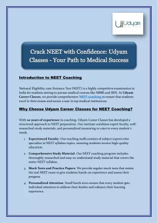 Crack NEET with Confidence: Udyam Classes - Your Path to Medical Success