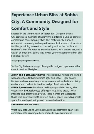 Experience Urban Bliss at Sobha City