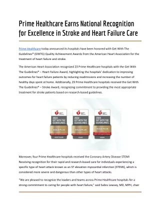 Prime Healthcare Earns National Recognition for Excellence in Stroke and Heart Failure Care