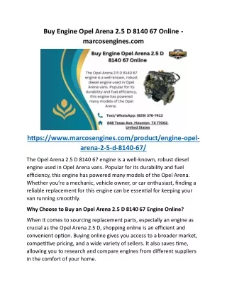 Buy Engine Opel Arena 2.5 D 8140 67 Online - marcosengines.com