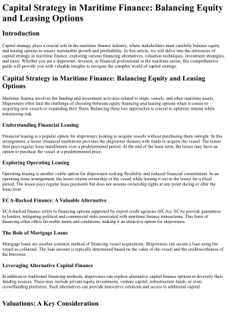Capital Strategy in Maritime Finance Balancing Equity and Leasing Options