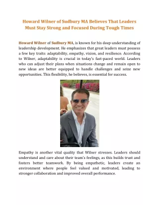 Howard Wilner of Sudbury MA Believes That Leaders Must Stay Strong and Focused During Tough Times