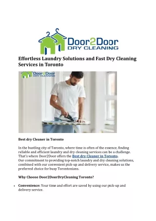 Effortless Laundry Solutions and Fast Dry Cleaning Services in Toronto