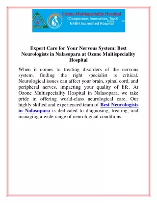 Expert Care for Your Nervous System Best Neurologists in Nalasopara at Ozone Multispeciality Hospital