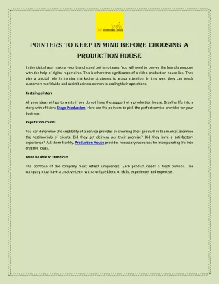 Pointers to Keep in Mind Before Choosing A Production House