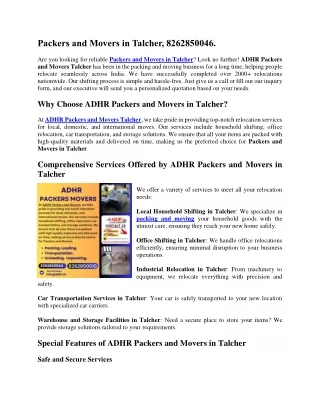 Packers and Movers in Talcher, 8262850044.