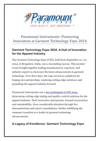 Paramount Instruments Pioneering Innovation at Garment Technology Expo 2024