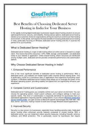 Best Benefits of Choosing Dedicated Server Hosting in India for Your Business