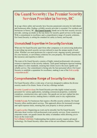 On Guard Security The Premier Security Services Provider in Surrey, BC