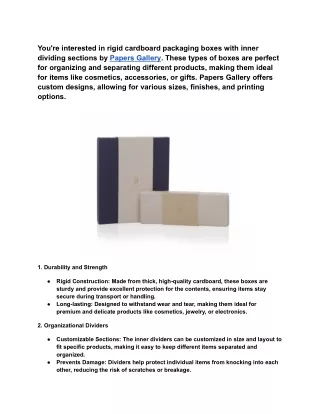 Rigid cardboard packaging box with inner dividing sections.