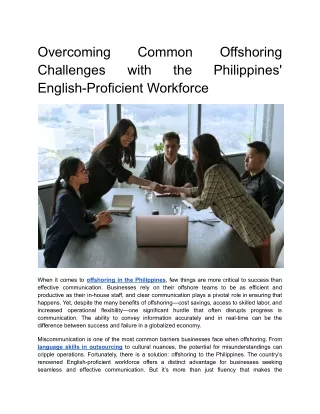 Overcoming Common Offshoring Challenges with the Philippines' English-Proficient Workforce
